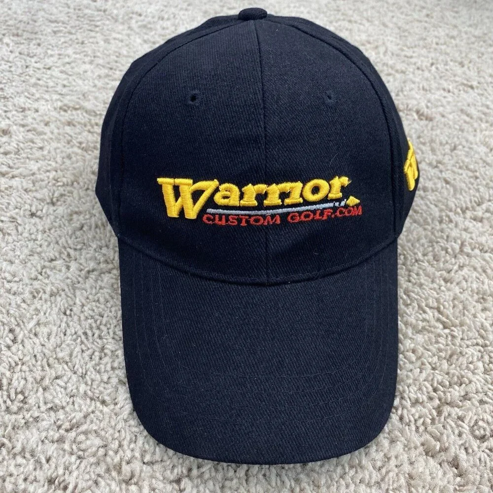 Warrior Custom Golf Hat Black / Gold Script Adjustable Strap Side “W” Cotton Cap